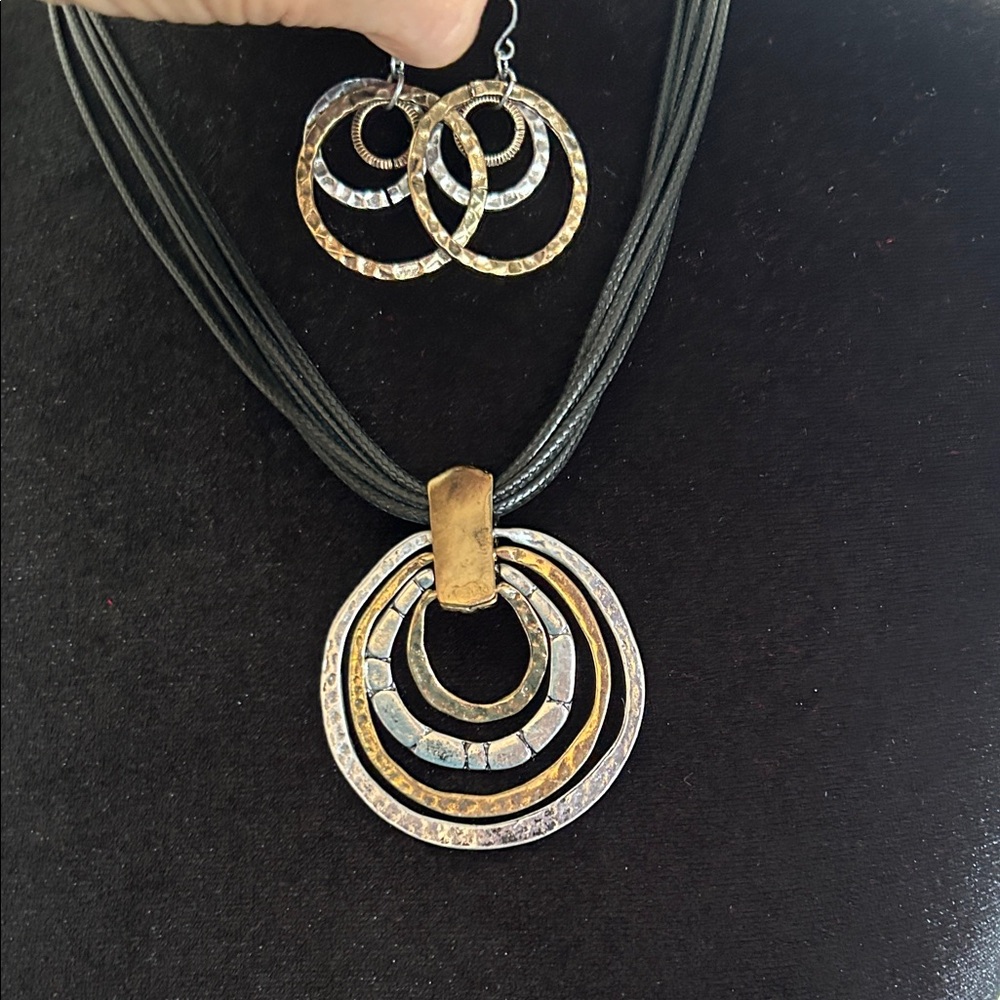 Mixed Metal Concentric Circle Pendant Necklace and Earrings - Women Jewelry